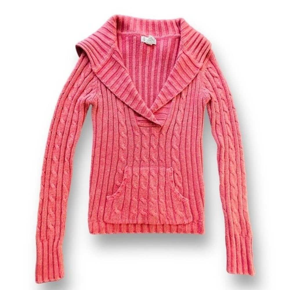Duck Head Pink/Gold Thread Cable-knit Shawl Collar V-neck Sweater Size Med Y2K